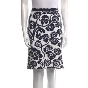 TORY BURCH PENCIL SKIRT SLITS PRINTED TWILL WALLPAPER FLORAL NAVY CREAM SZ US 6